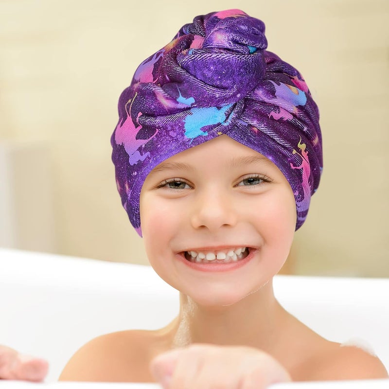 Basumee Microfiber Hair Towel Wrap for Kids 2 Pack Rapid Drying Hair Towel with Button Hair Turbans for Wet Hair Wraps Head Towel Wrap for Women and Girls, Dark Unicorn - Image 5